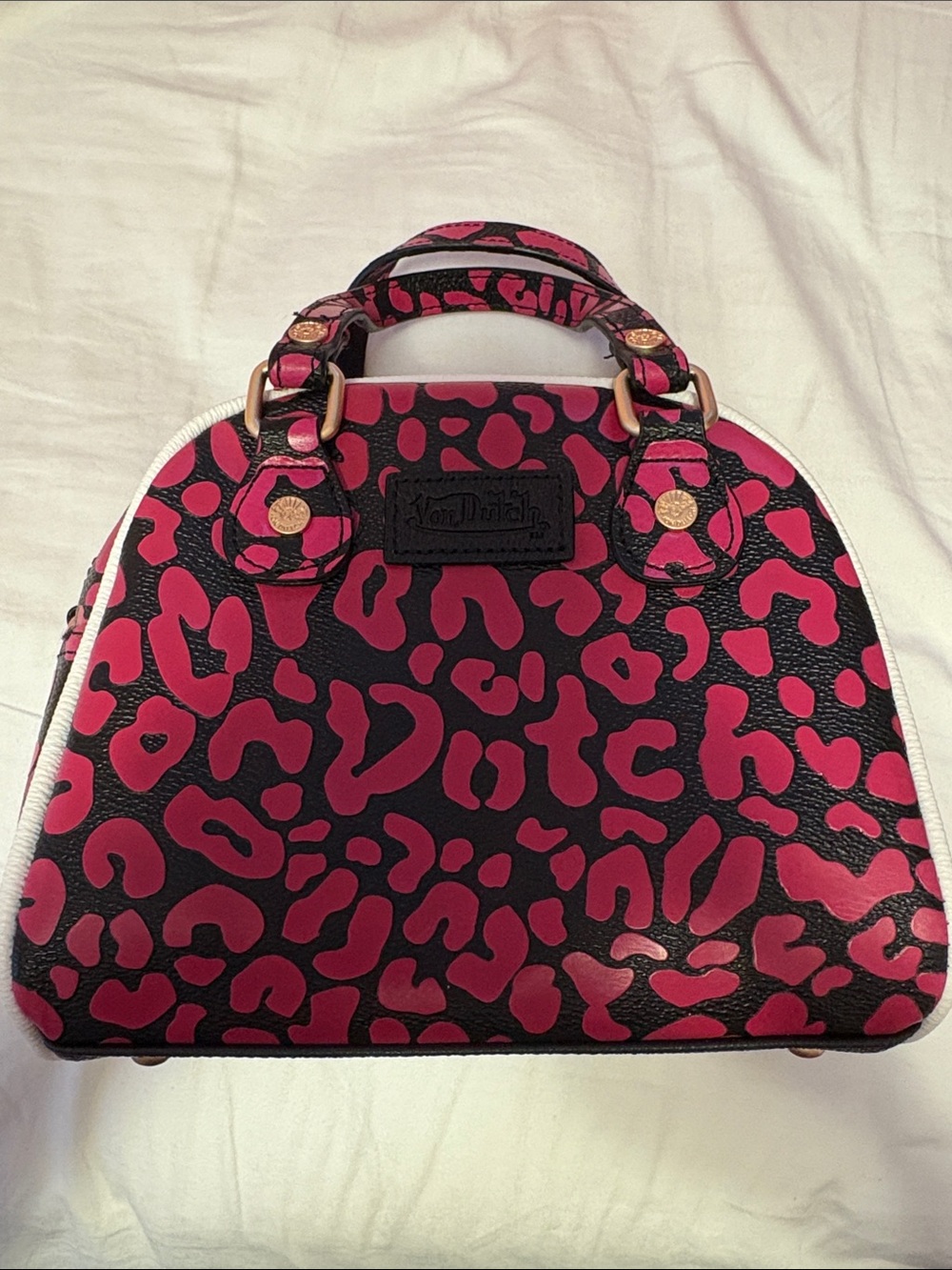 Von Dutch Black and Hot Pink Leopard Bowling Bag - Picture 2 of 12